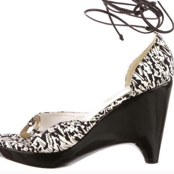 Vintage Chanel Black and White Wedge Heels with tie up laces - Picture 1 of 5